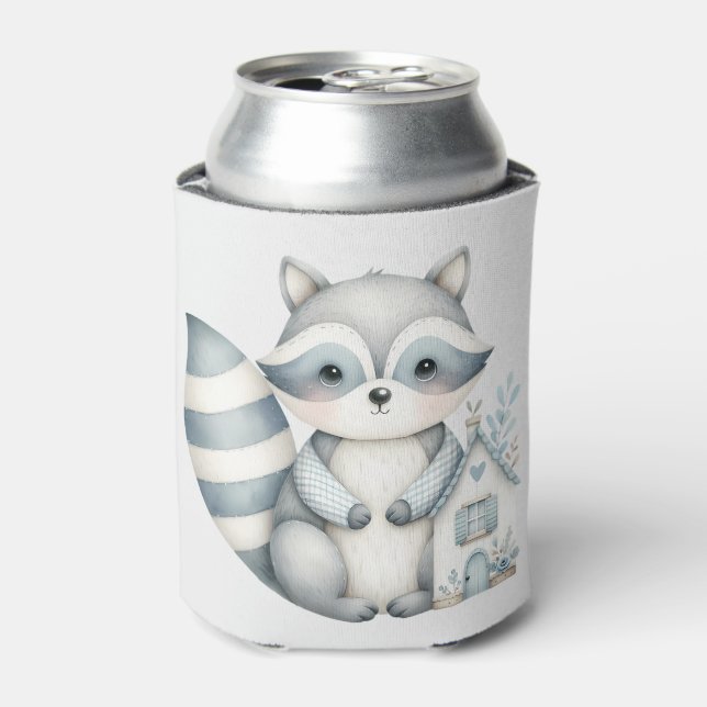 Pastel Raccoon Cottage Neutral Woodland Scene Can Cooler (Can Front)