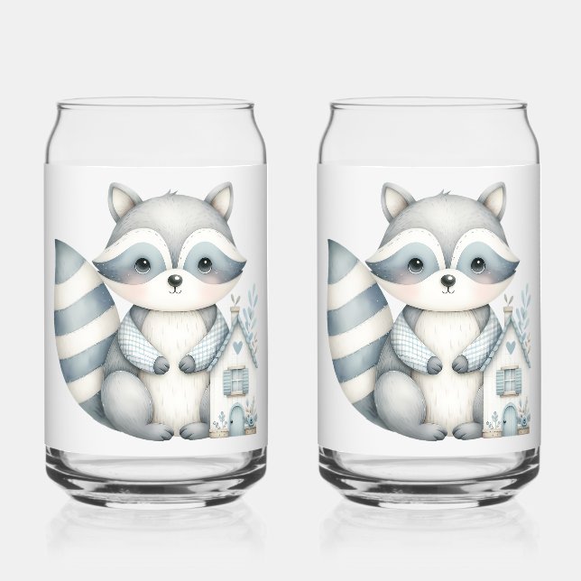 Pastel Raccoon Cottage Neutral Woodland Scene Can Glass (Front)