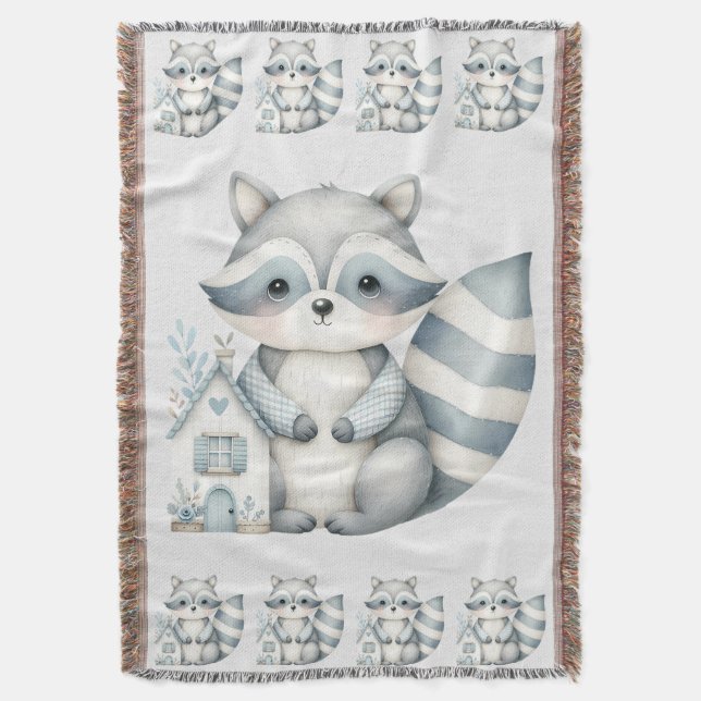 Pastel Raccoon Cottage Neutral Woodland Scene Throw Blanket (Front Vertical)