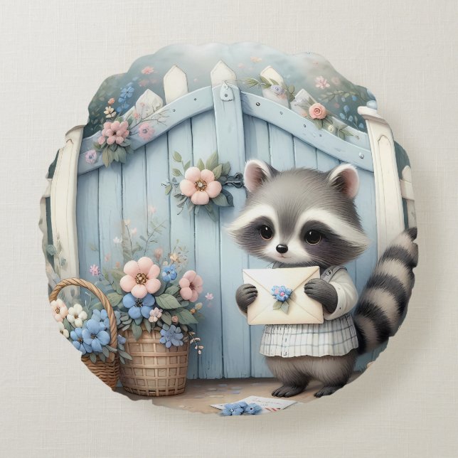 Pastel Raccoon Letter Garden Round Cushion (Front)