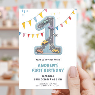 Pastel Race Track First Birthday Invitation