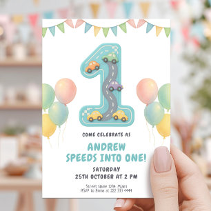 Pastel Racing First Birthday Party Invitation