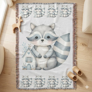 Pastel Racoon Cottage Neutral Woodland Scene Throw Blanket
