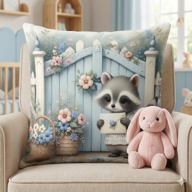 Pastel Racoon Letter Garden Cushion (Pastel Raccoon Letter Garden Throw Pillow Mockup A)