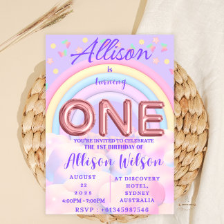 Pastel Rainbow 1st Birthday Invitations girls