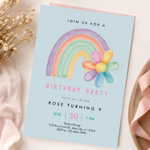 Pastel Rainbow 9th Birthday Invitation