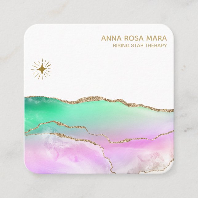 *~ Pastel Rainbow Agate Gold Glitter Vein Sun Star Square Business Card (Front)
