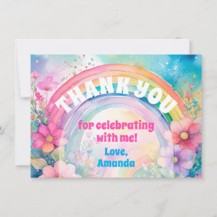 Pastel Rainbow and Flowers Retro Birthday Thank You Card