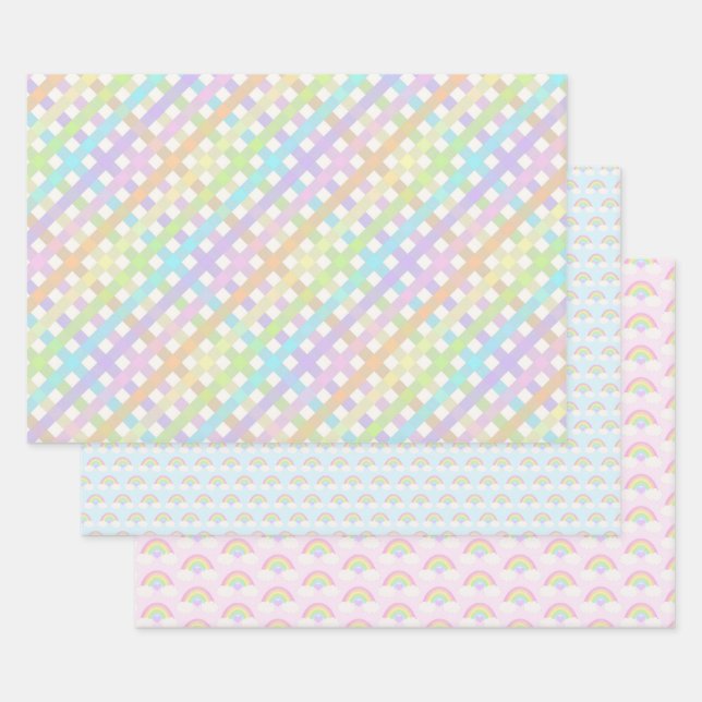 Pastel Rainbow and Gingham Plaid Wrapping Paper Sheet (Set)