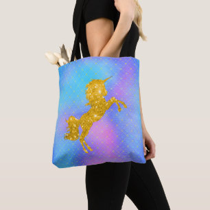 Pastel Rainbow and Gold Unicorn Tote Bag