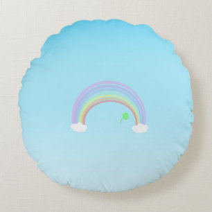 Pastel Rainbow and green flower on blue sky Round Cushion