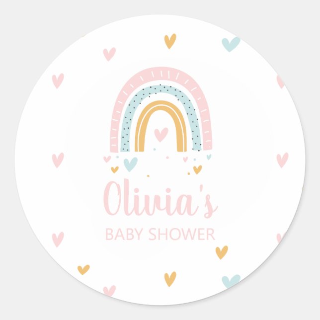 Pastel Rainbow and Hearts Baby Shower Classic Round Sticker (Front)