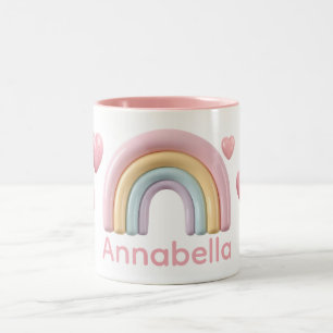 Pastel Rainbow and Hearts with Pink Custom Name Two-Tone Coffee Mug