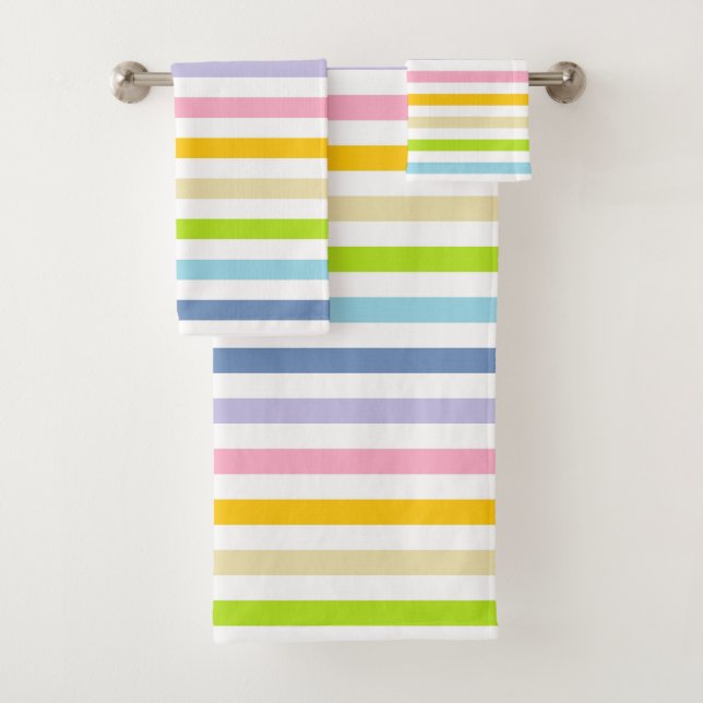 Pastel Rainbow and White Stripes Bath Towel Set (Insitu)