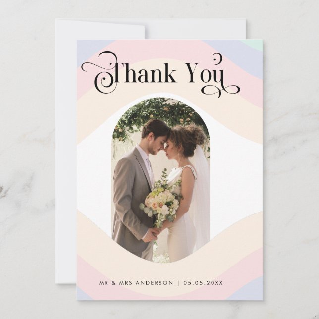 Pastel Rainbow Arch Photo & Retro Script Wedding Thank You Card (Front)