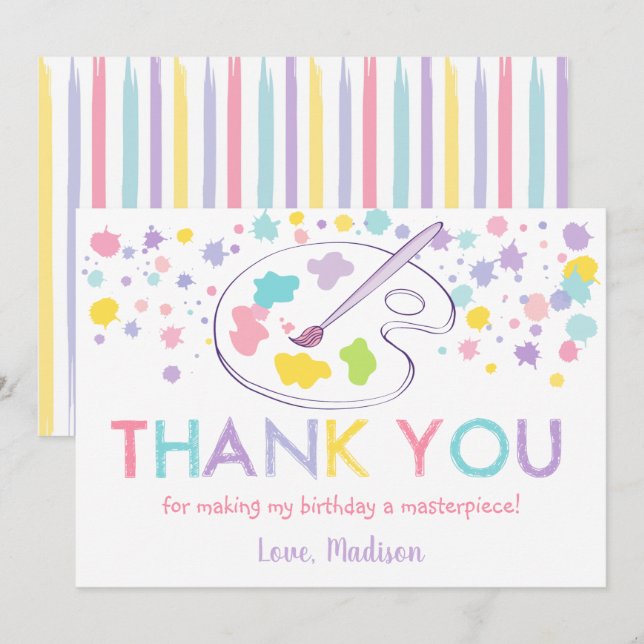 Pastel Rainbow Art Party Birthday Thank You Card (Front/Back)