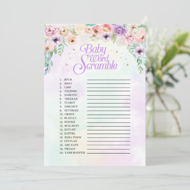 Pastel Rainbow Baby Shower Word Scramble Game Card (Standing Front)