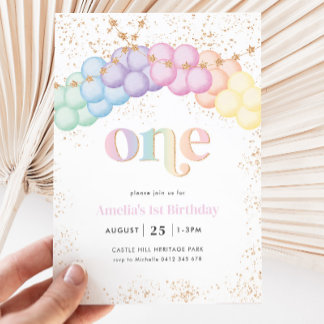 Pastel Rainbow Balloon Arch 1st Birthday Party Invitation