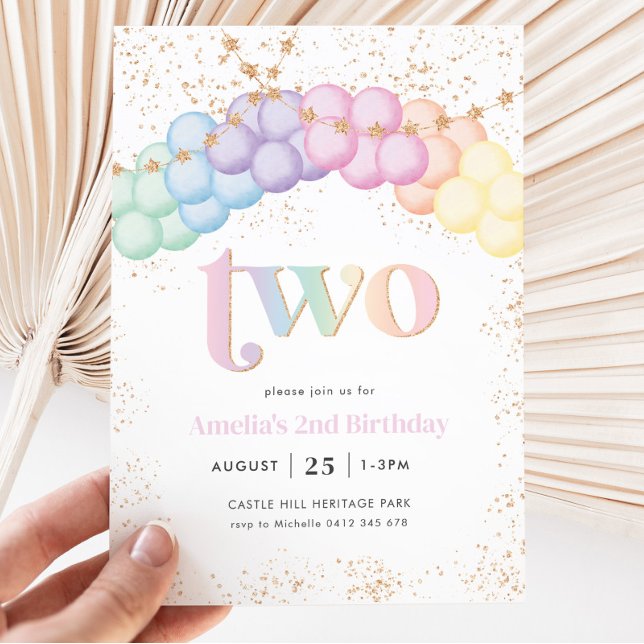 Pastel Rainbow Balloon Arch 2nd Birthday Party Invitation (Creator Uploaded)