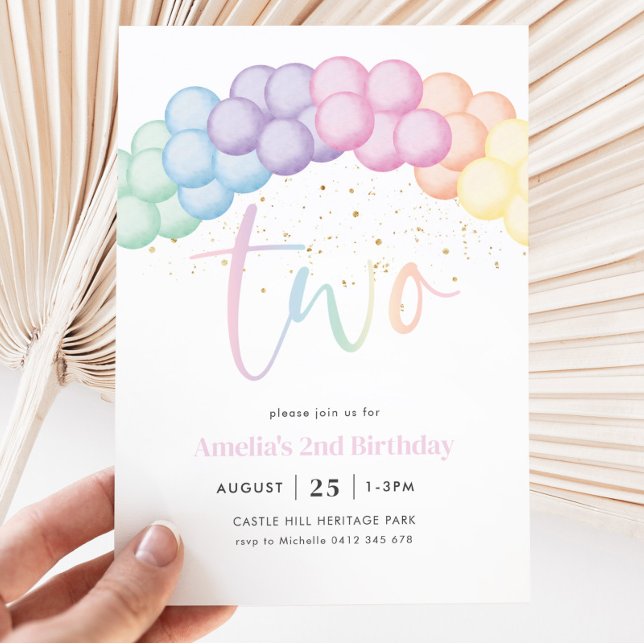 Pastel Rainbow Balloon Arch 2nd Birthday Party Invitation (Creator Uploaded)