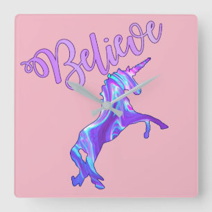 Pastel Rainbow Believe In Unicorns Square Wall Clock