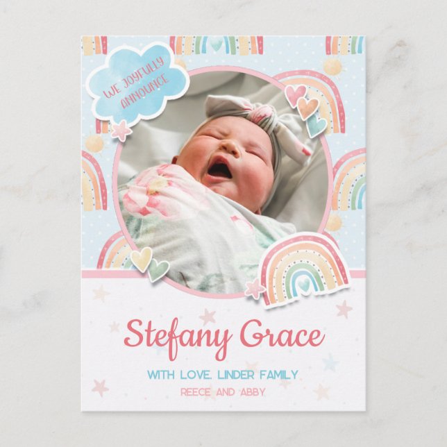 Pastel Rainbow Birth Announcement Postcard (Front)