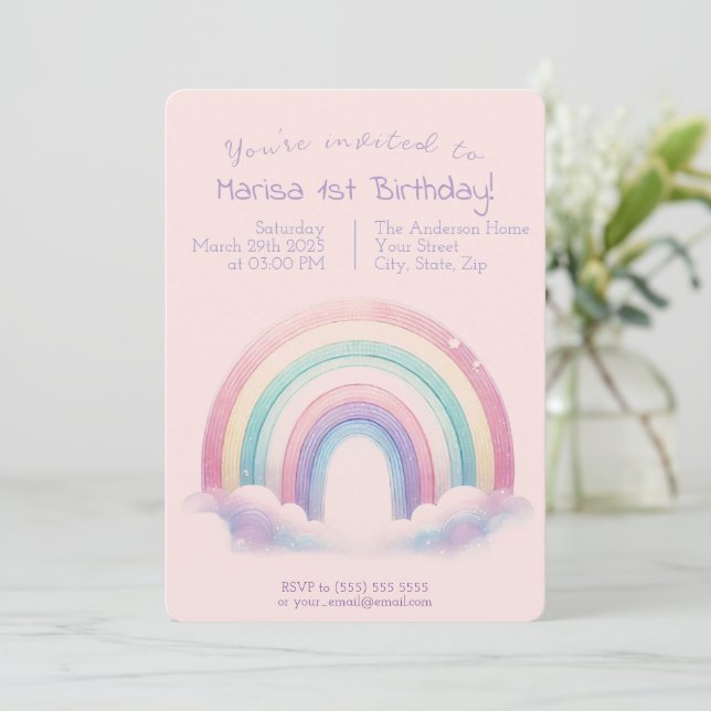 Pastel Rainbow Birthday Invitation - Party Invite (Standing Front)