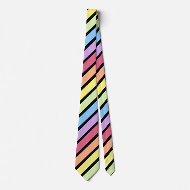  Pastel Rainbow Black Diagonal Stripe Neck Tie (Front)