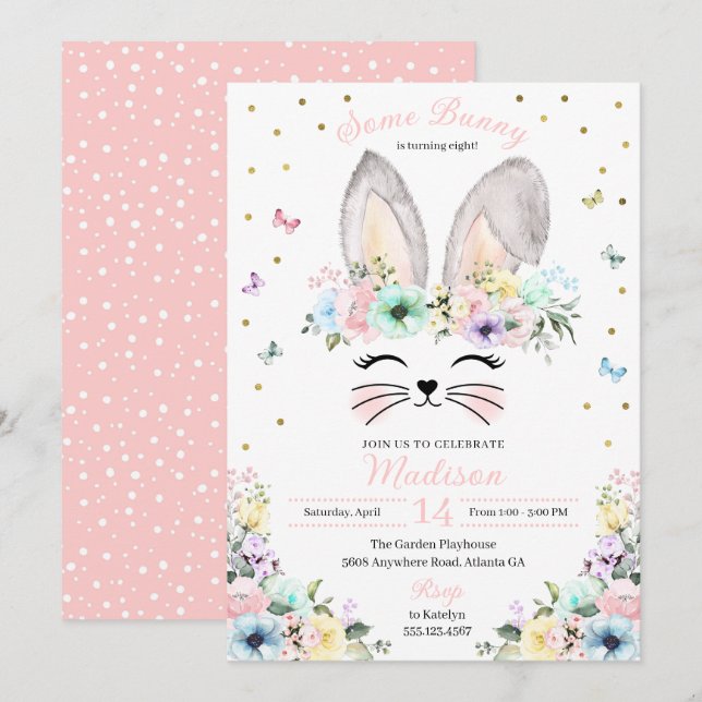 Pastel Rainbow Bunny Ears Flower Crown Birthday Invitation (Front/Back)