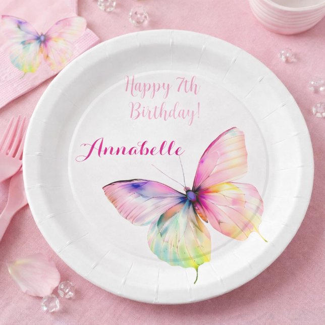 Pastel Rainbow Butterfly 7th Birthday Party Paper Plate (Creator Uploaded)