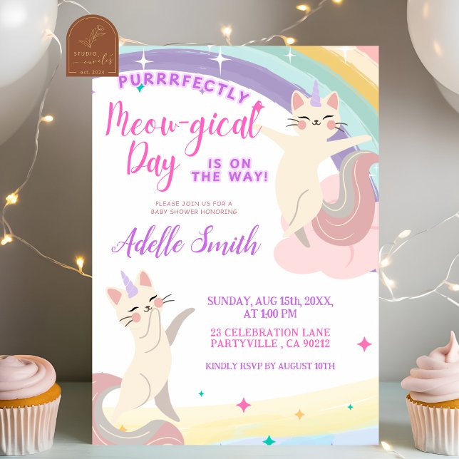 Pastel Rainbow Cat Unicorn Baby Shower Invitation (Creator Uploaded)