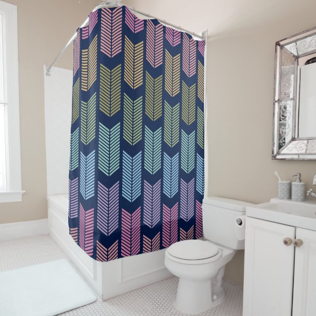 Pastel Rainbow Chevron Arrows Navy Blue Background Shower Curtain (In Situ)
