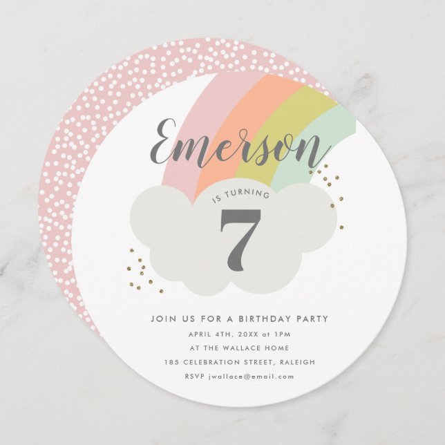 Pastel rainbow cloud childrens birthday party invitation (Front/Back)