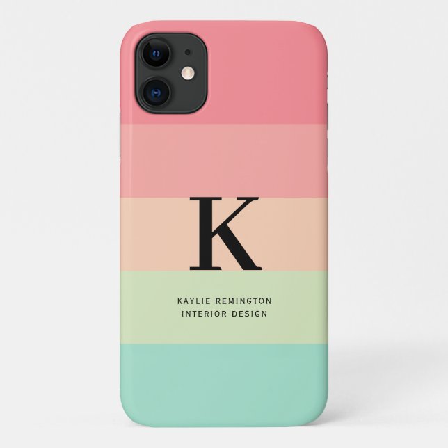 Pastel Rainbow Colorblock Stripe Pink Monogram on Case-Mate iPhone Case (Back)