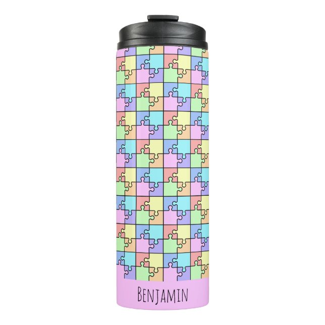 Pastel Rainbow Colour Puzzle Geometric Name Thermal Tumbler (Front)