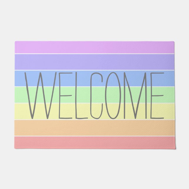 Pastel Rainbow Colourful Stripes Cute Welcome Doormat (Front)
