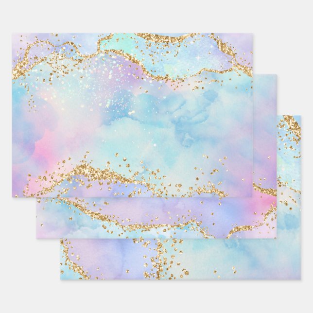 Pastel Rainbow Colours & Gold Glitter Agate Wrapping Paper Sheet (Set)