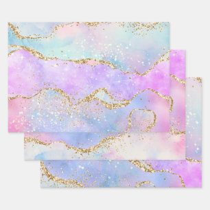 Pastel Rainbow Colours & Gold Glitter Agate Wrapping Paper Sheet