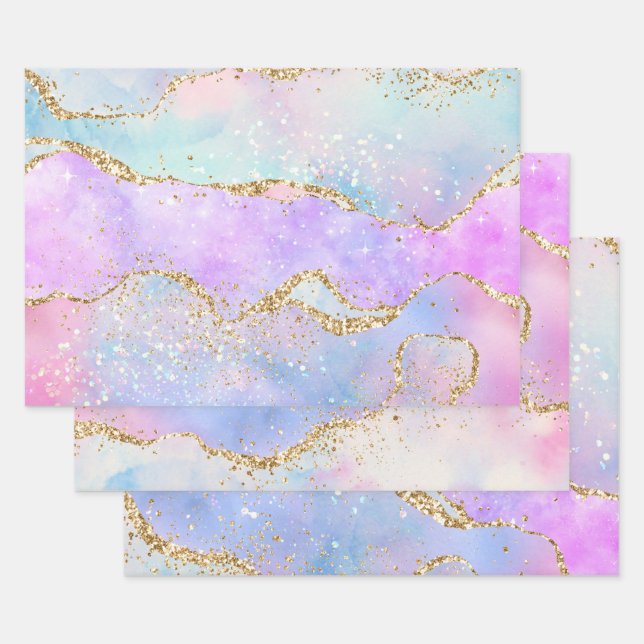 Pastel Rainbow Colours & Gold Glitter Agate Wrapping Paper Sheet (Set)