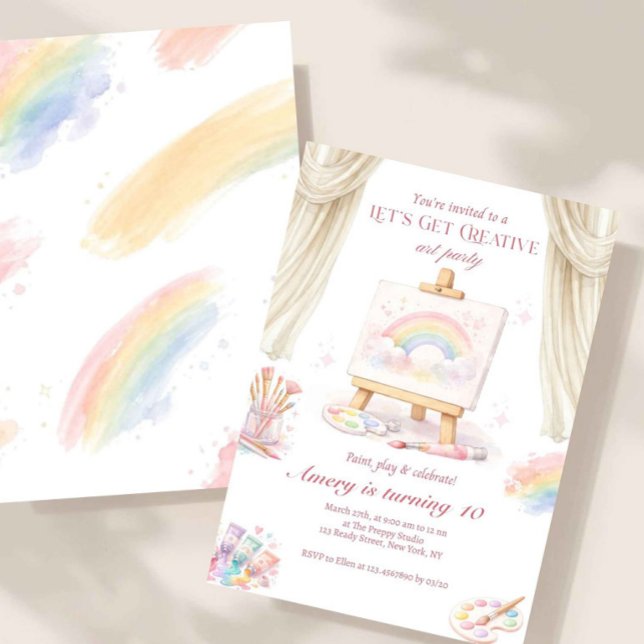 Pastel Rainbow Creative Art Party Birthday Invitation (art party invitation, painting birthday invite, kids art birthday party, pastel rainbow invite, crea)