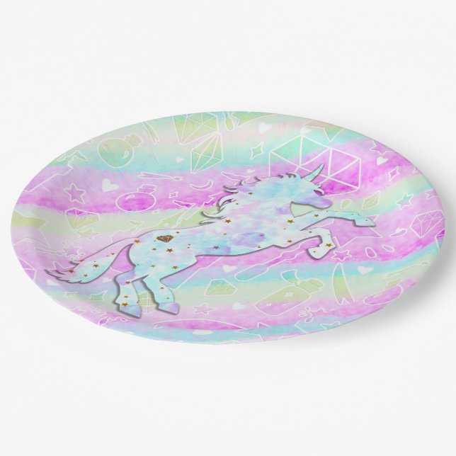 Pastel Rainbow Diamonds & Stars Magical Unicorn Paper Plate (Angled)