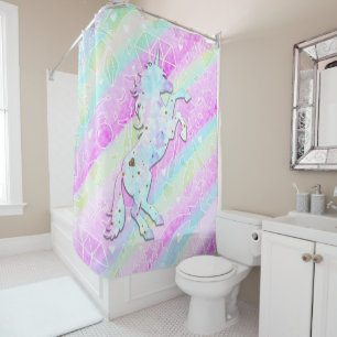 Pastel Rainbow Diamonds & Stars Magical Unicorn Shower Curtain