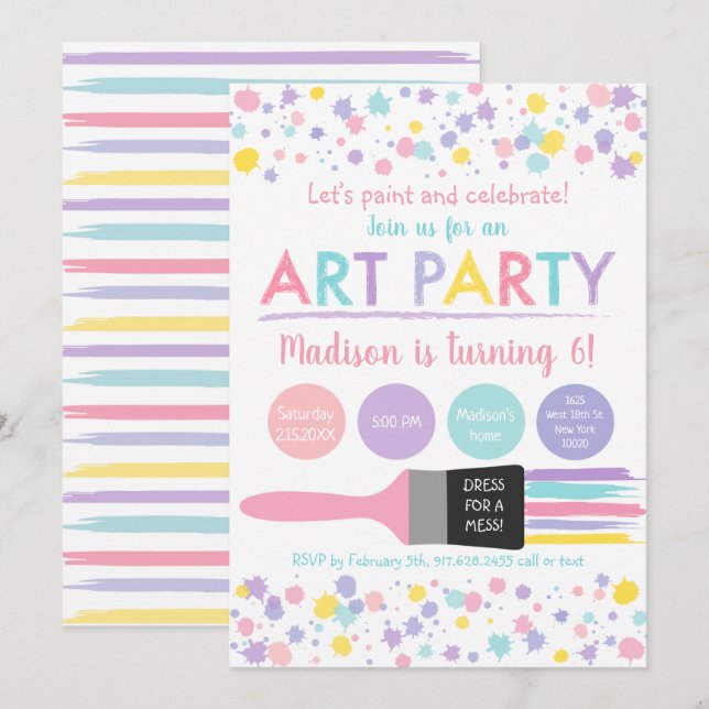 Pastel Rainbow Dress For A Mess Art Party Birthday Invitation (Front/Back)