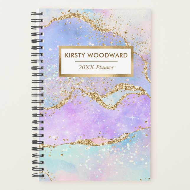 Pastel Rainbow Faux Sequin Gold Glitter Agate Planner (Front)