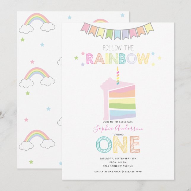 Pastel Rainbow First Birthday Party Invitation (Front/Back)