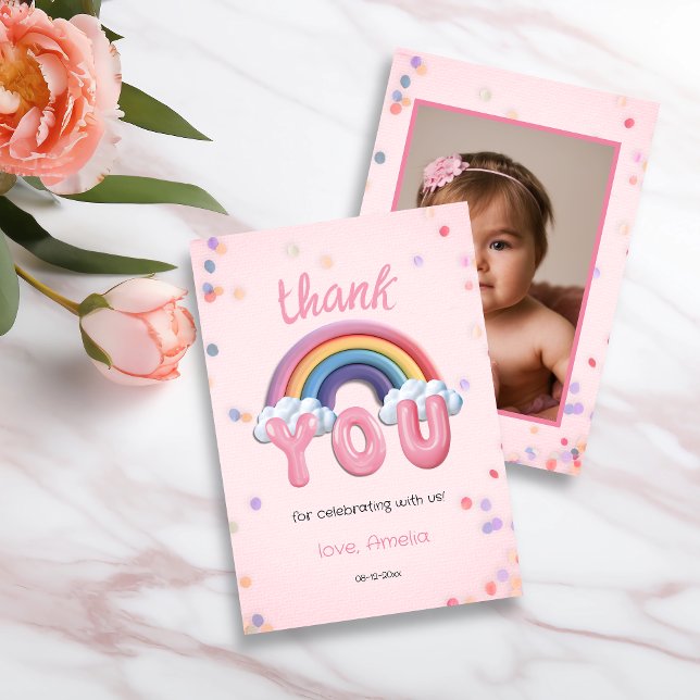 Pastel Rainbow First Birthday Thank You Photo Card (Creator Uploaded)