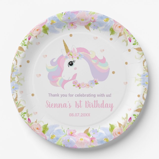 Pastel Rainbow Floral Cute Unicorn Birthday Party  Paper Plate (Front)