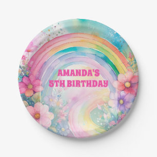 Pastel Rainbow Flowers Let's Party Retro Birthday Paper Plate