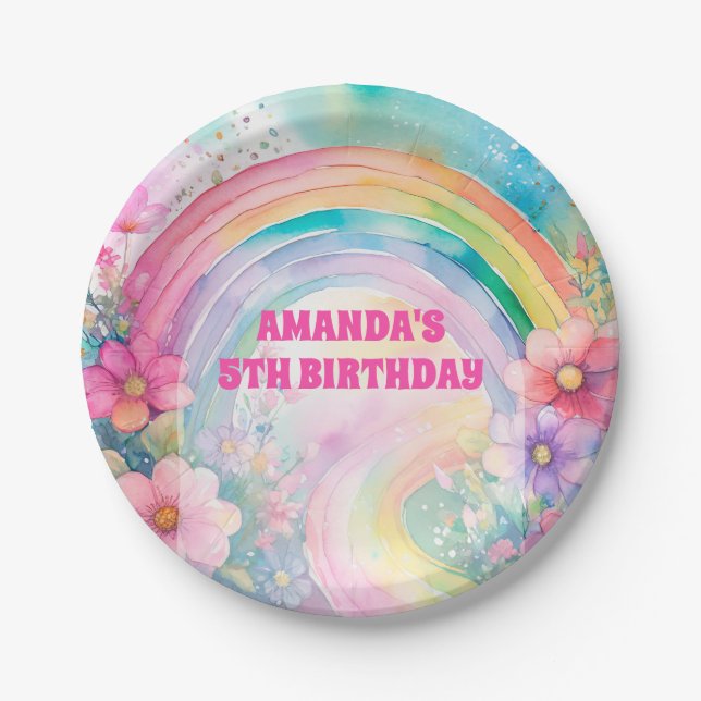 Pastel Rainbow Flowers Let's Party Retro Birthday Paper Plate (Front)