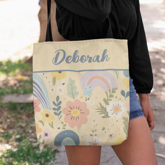 Pastel Rainbow Flowers Personalised Tote Bag (Creator Uploaded)